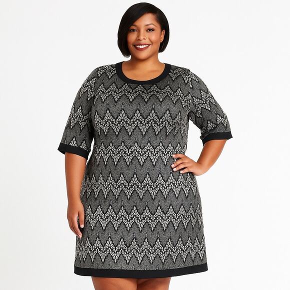 Sandra Darren Black & Silver Chevron Print Dress – Size 24W - Picture 1 of 5